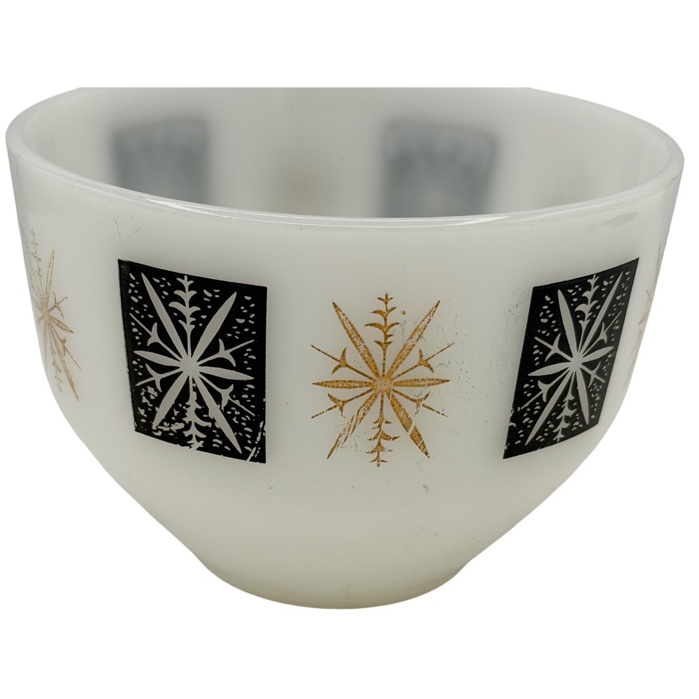 Federal Glass Atomic Starburst Milk Glass Mixing Bowl Black Gold 1.5 QT Vintage